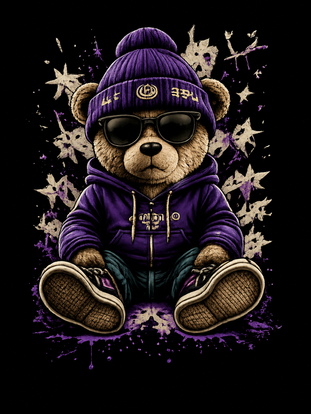Purple Streetwear Teddy Bear Graphic Tee